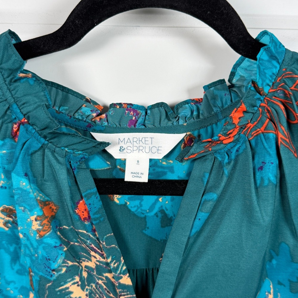 Market & Spruce Teal Floral Sleeveless Ruffle Neck Blouse Top Small‎ WGW10355 - Picture 3 of 4